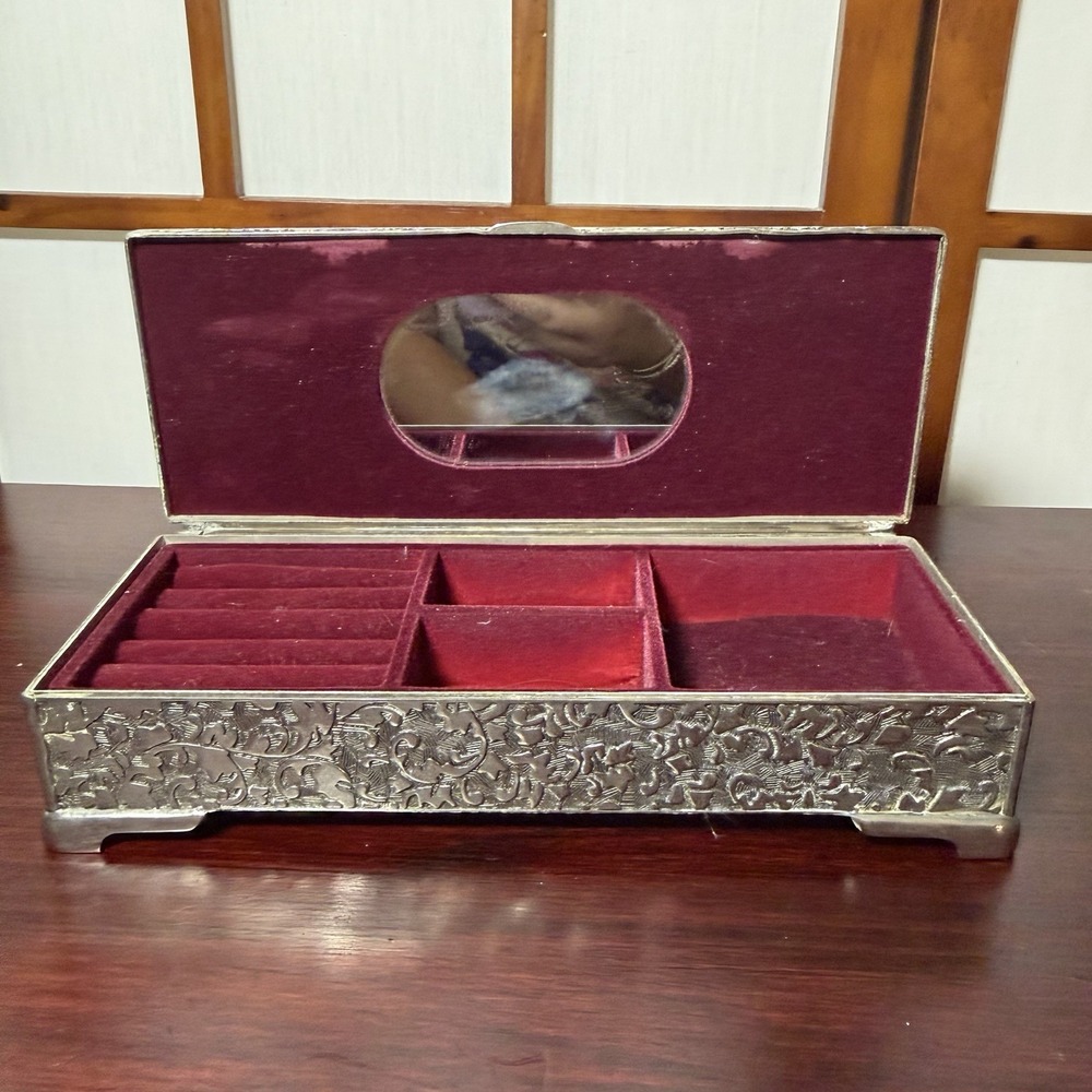 Vintage Silver Tone Jewelry Box Floral Embossed Romantic Mirror Velvet Lined 40s